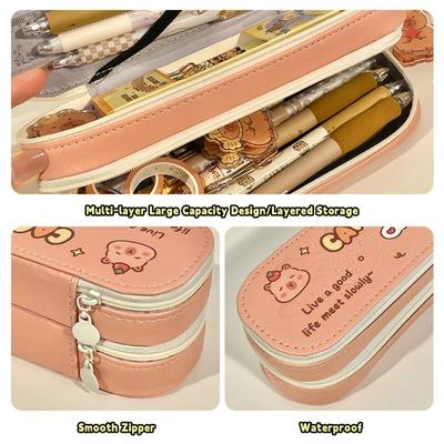 Cartoon Capyabra Pencil Case Large Capacity Waterproof Stationery Box Double Layer Pen Box Students