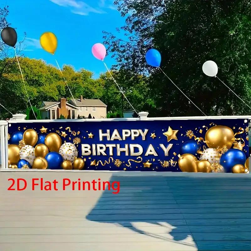 Happy Birthday Fence Banner, Blue Golden & White Balloons Stars Confetti Design, Polyester Outdoor Garden Garage Studio Decoration