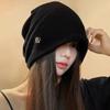 Versatile Women's Knit Beanie: Warm, Loose, Metal Label, Slimming Effect, Fits Large Head Circumference