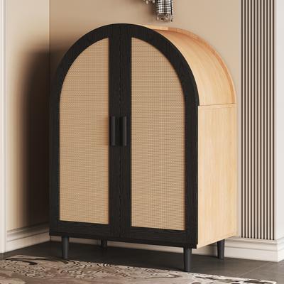 Elegant Sideboard/shoe Cabinet with Rounded Exterior, Openwork Rattan Doors and Three Shelves.