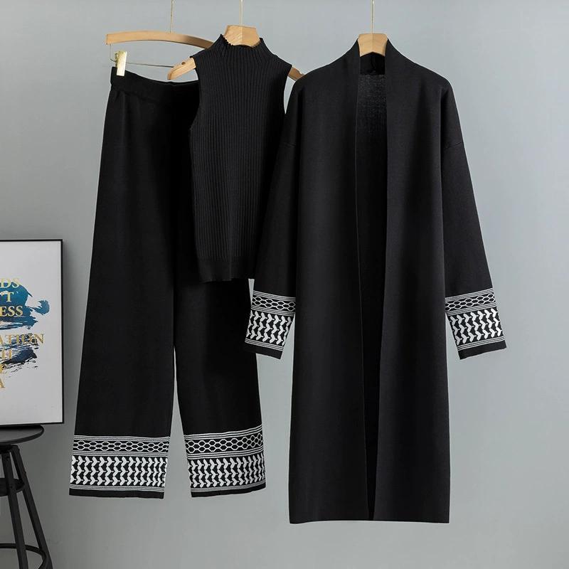 Korean Design Elegant Knitted 3 Piece Sets Women Knit Vest Sweater Long Cardigan Tops Conjuntos High Waist Wide Leg Pants Outfit