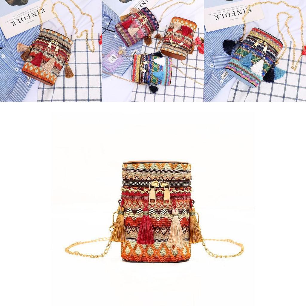Bohemian Fashion Colorful Woven Texture Bucket Bag With Tassel Accents And Certificate Pocket For Casual Outings