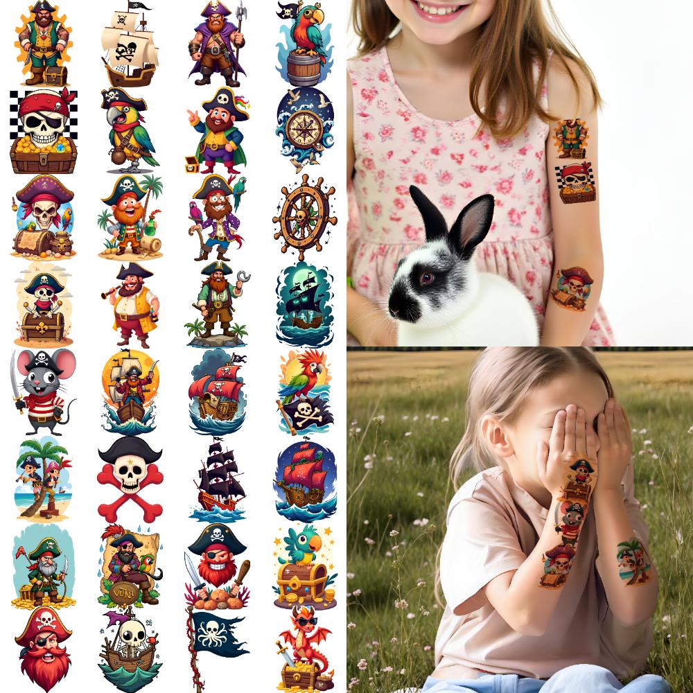63pcs Temporary Tattoo Pirate Stickers Cartoon Treasure Illustrations Pirate Tattoos Waterproof Long-lasting Body Stickers For