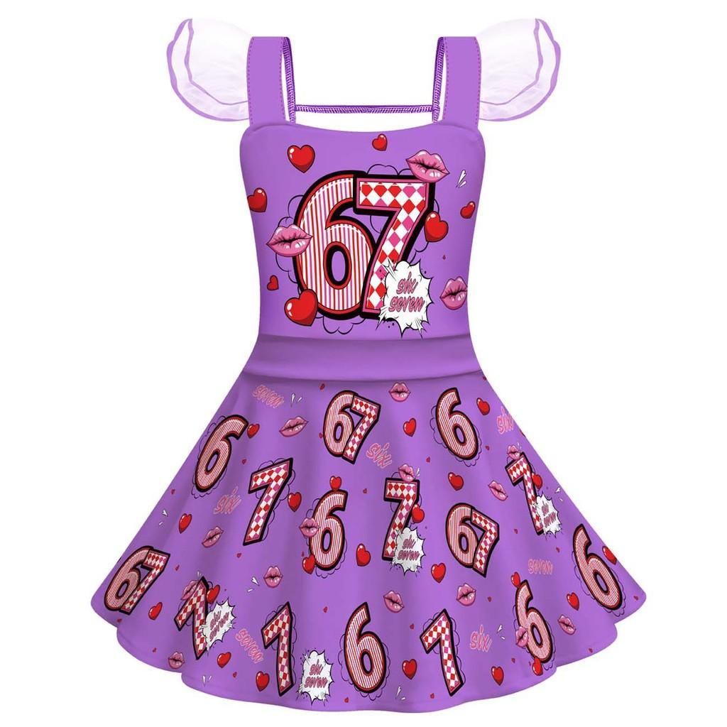 82955 Kids Girls Six Seven 67 Steal a Brainrot Print Dress 100cm фиолетовый