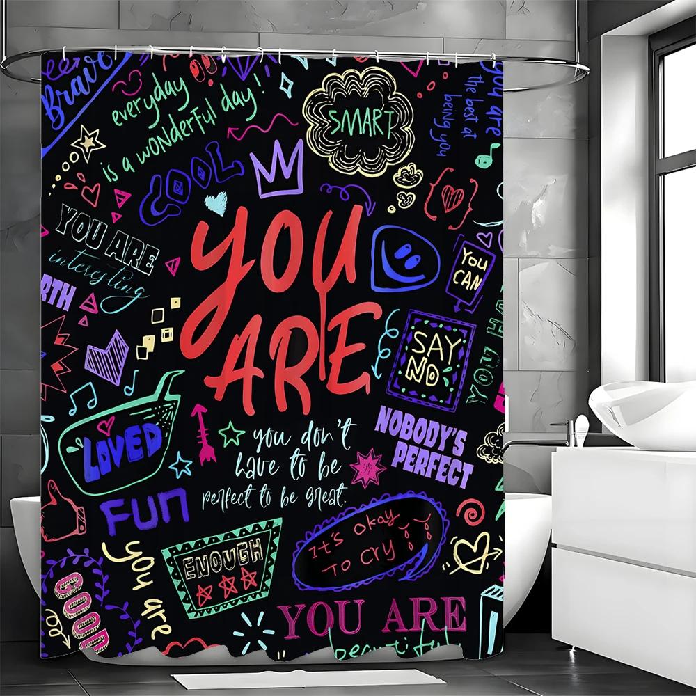 Modern Abstract Graffiti Art Graffiti Text Shower Curtain, Bathroom Decorative Shower Curtain, Waterproof Shower Curtain With Ho