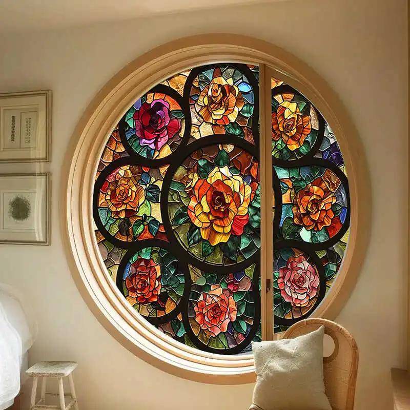 Vintage Self-adhesive European Stained Glass Film Window Anti-peeping Window Sticker Stained Glass Window Film Frosted / Etched