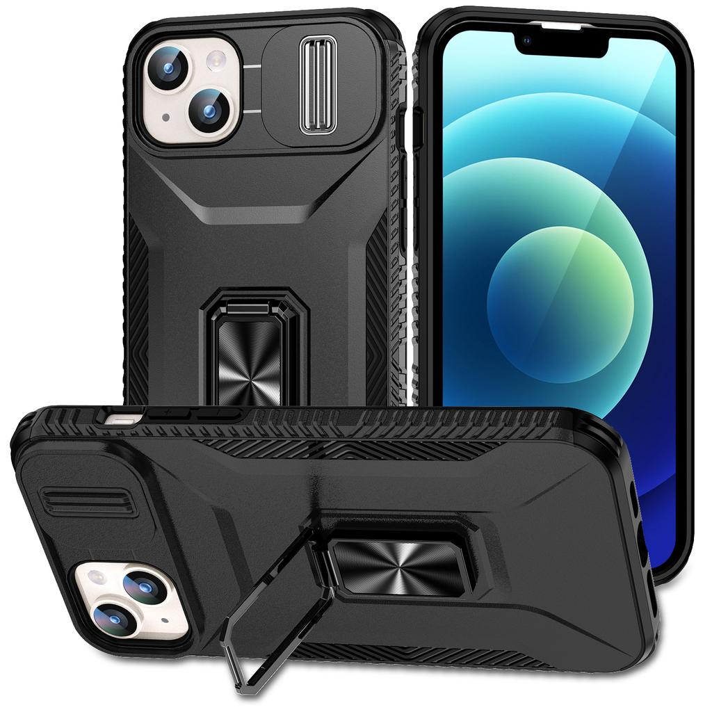 For iPhone 15 Plus/14 Plus Case Camshield Kickstand TPU+PC Anti-Slip Phone Cover