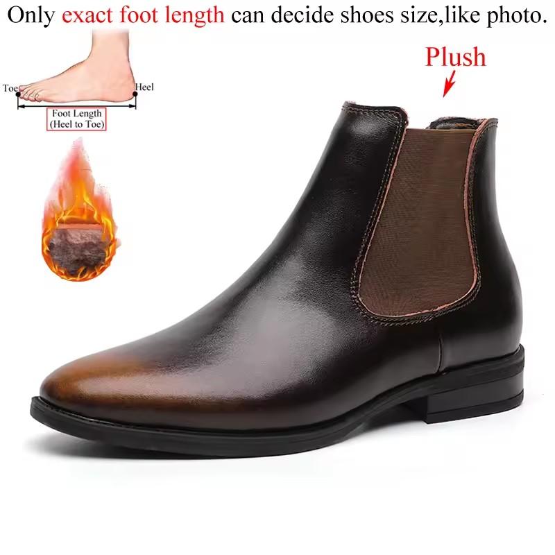 Men Classic Retro Chelsea Boots Genuine Leather High Top Pointed Toe Casual Comfortable Warm Plush Business Ankle Boots