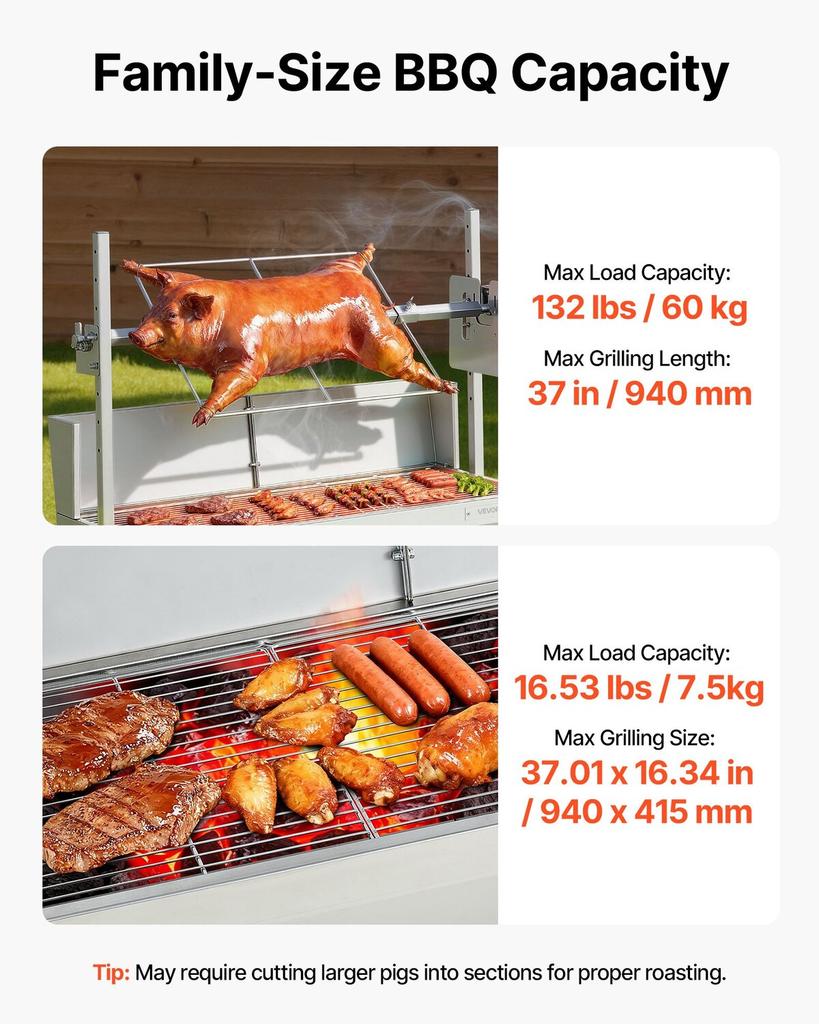 Gril s rožněm, 38W BBQ Venkovní rožeň na prasata a jehňata, Uhelný rožeň s nosností 60 kg a 7 úrovněmi výšky, Nerezový elektrický