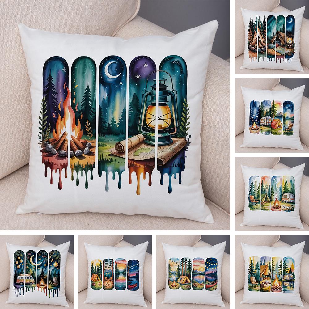 Woodland Campsite Cushion Cover Double Print Bonfire Scene Pillowcase Soft Plush Lake Sunset Cushion Cover for Sofa Home Car