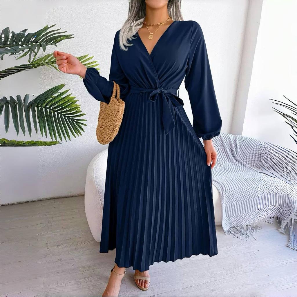Women Cross Solid Color V Neck Hem Pleated Long Dress For Fashion