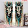 2Pcs Bohemian Chic Gemstone Cow Skull Print Curtains Vintage Medieval Style Easy Hang Rod Pocket Design Living Room