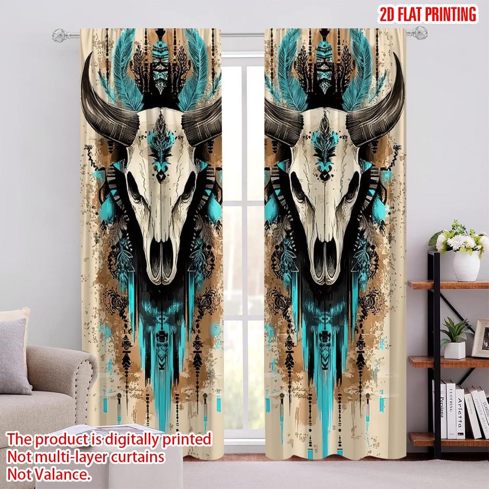 

2Pcs Bohemian Chic Gemstone Cow Skull Print Curtains Vintage Medieval Style Easy Hang Rod Pocket Design Living Room 52.50 × 116.00 cm 2 pcs