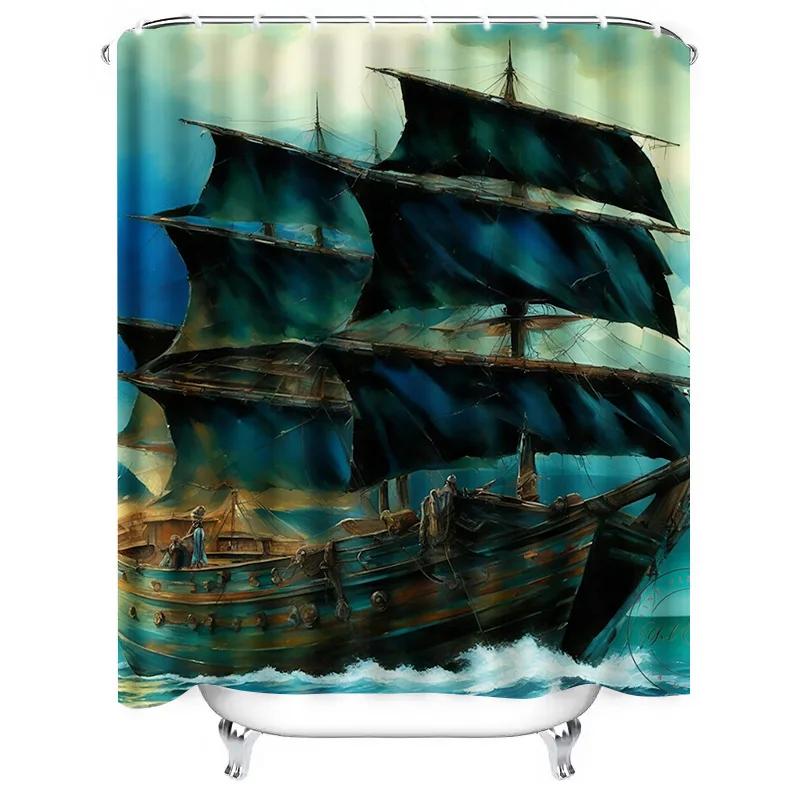 Elegant Sailing Ship Waterproof Shower Curtain Brings Coastal Charm to Your Bathroom, Perfect for Ocean Lovers
