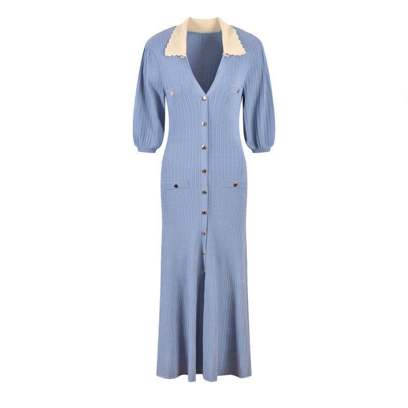 

Платье вязаное с длинным рукавом, блок-колор, 2025 - Ранняя осень, Приталенное, Отложной воротник, Европейский и американский стиль. Large