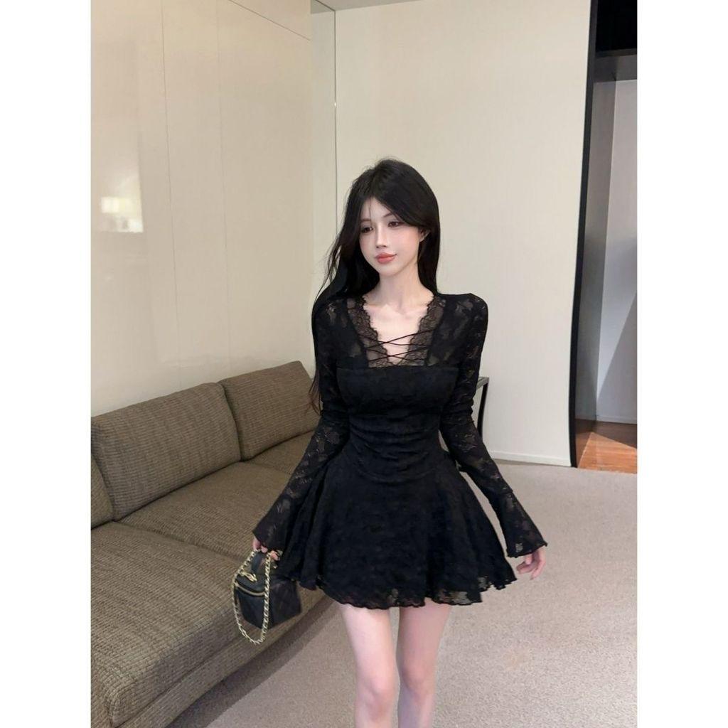 Elegant Lace Long Sleeve Dress With V Neck And Sheer Cutouts For Spring Fashion