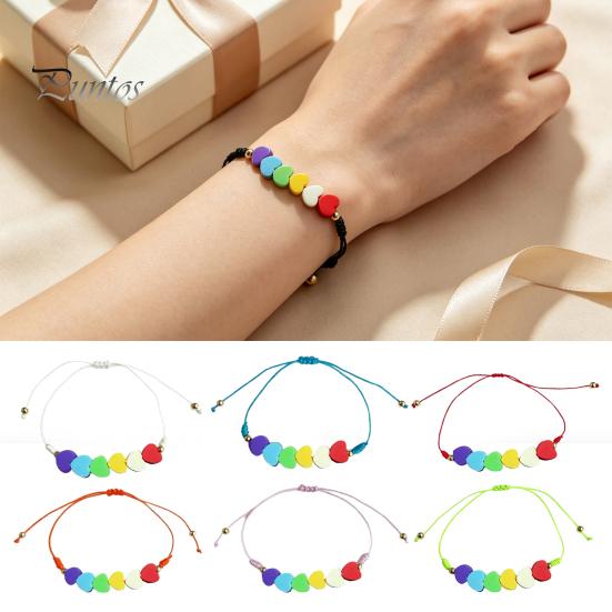 Cute Layered Cord Jewelry Colorful Hearts Bracelet, Handmade Braided String Adjustable Travel Vacation Wrist Accessory Heart Shaped Clay Beads