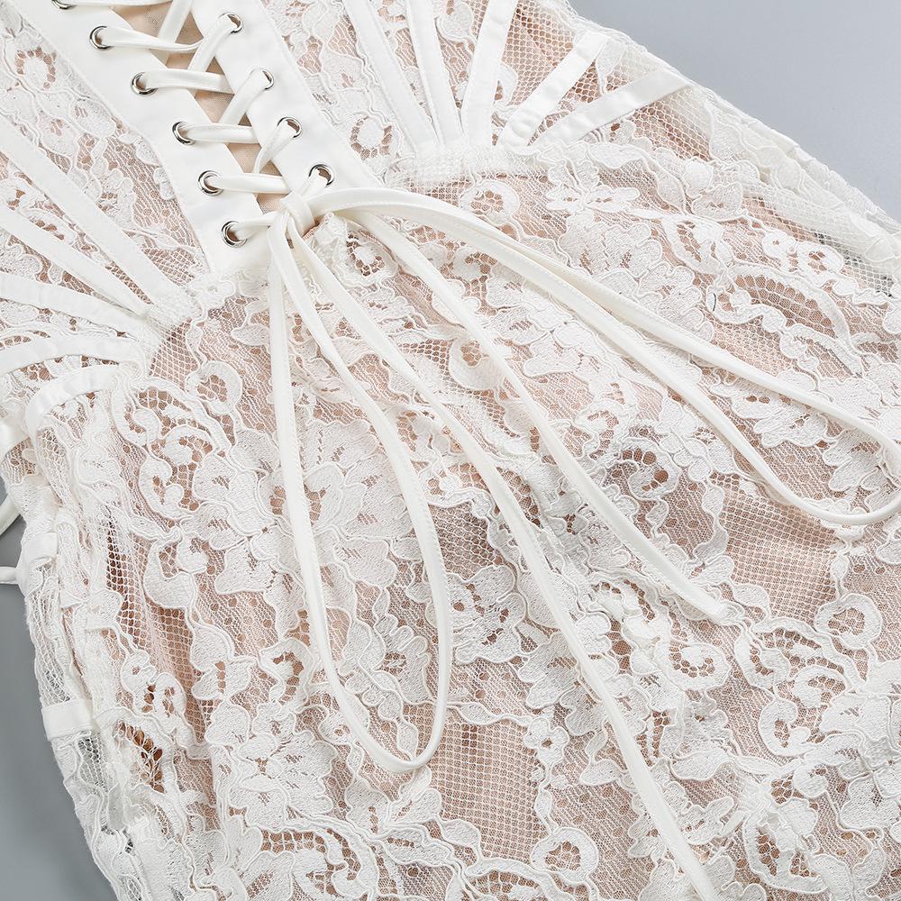 European & American Sexy Lace Irregular Bandeau Dress with Fishbone See-through Waist