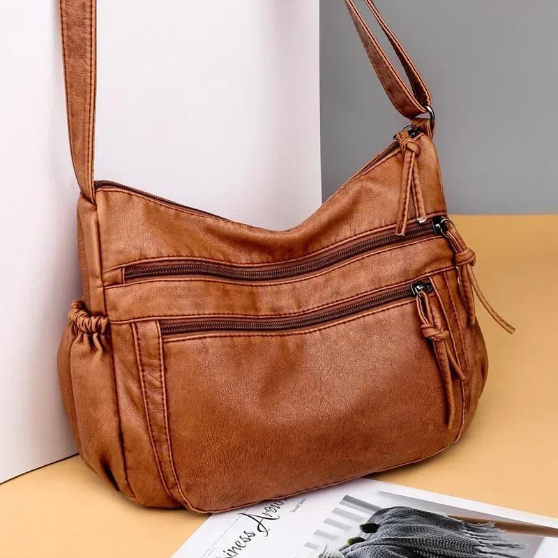 Large Capacity Soft Leather Women's Bag Retro ShoulderBag Simple Crossbody Bag Middle-aged Mom Ladies Messenger Bag