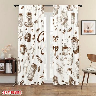2pc 2D Plane Printing Pattern Curtains Coffee Doodles Durable 100% Polyester Fabric (without Rod) Gifts for Living Room