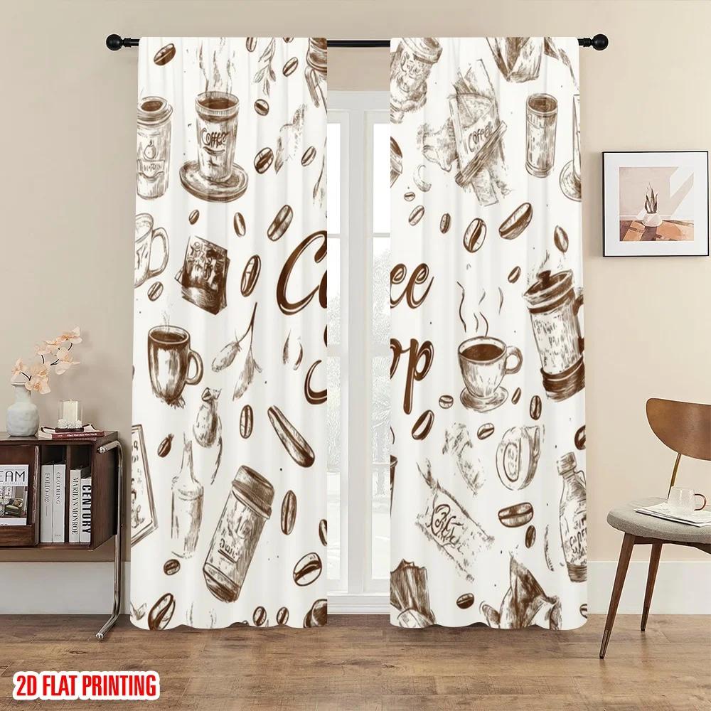 2Pc,2D Plane Printing Pattern Curtains Coffee Doodles Durable 100% Polyester Fabric (Without Rod) Gifts For Living Room,
