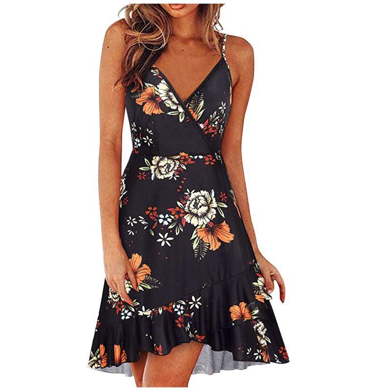 Swing Dress2025 Summer Women Clothes Sexy Fashion V-neck Sling Sleeveless Backless Print Swing Dress