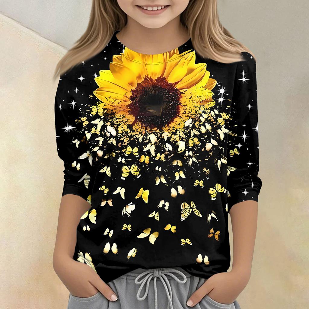 Kinder bedrucktes Rundhals Siebenviertelarm Freizeit T-Shirt