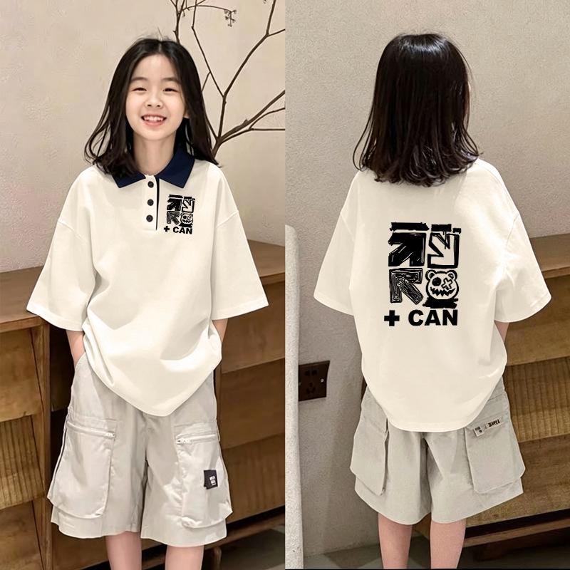 Trendy Girls' Cartoon Cotton Polo Shirt - Summer Patchwork Lapel Tee for Ages 8-15