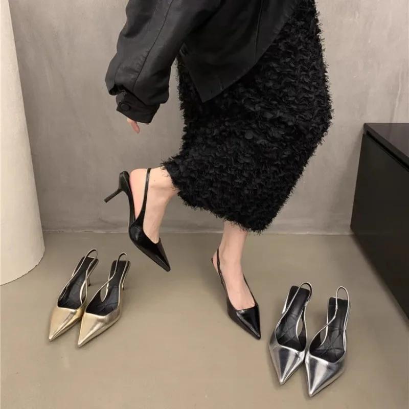 2024 Summer Silver Heels Pointed Toe Women Pumps Fashion Slip On Slingbacks Shoes Ladies Sexy Heel Party Dress Sandalias