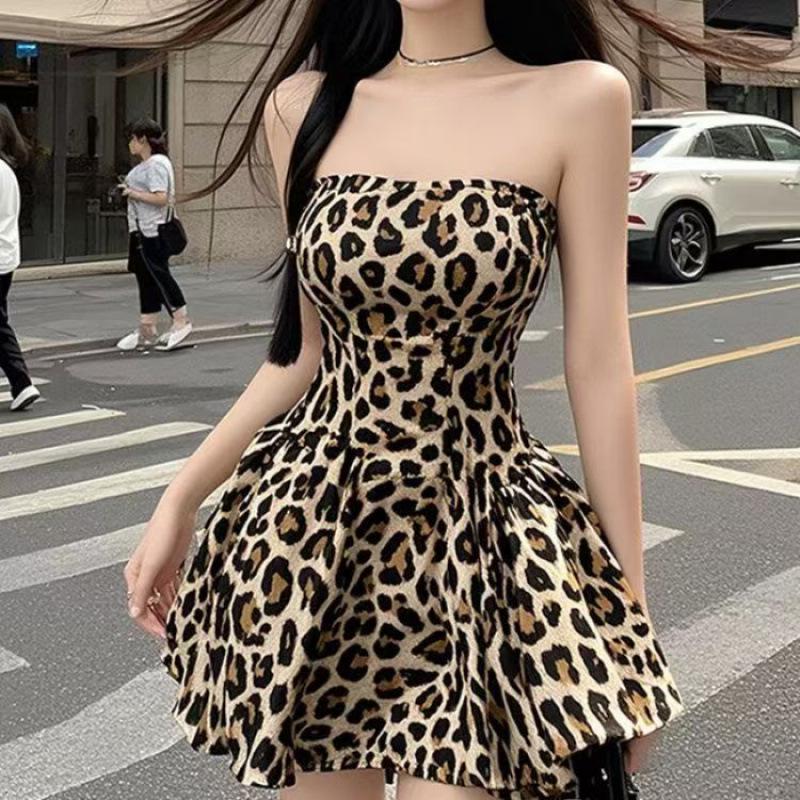 

American Leopard Print Off-the-Shoulder Puffy Waist Slimming Mini Dress Extra Large