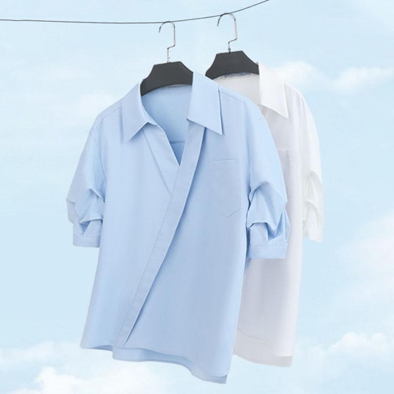 V-neck Short Sleeved Polo Neck White Shirt Women's Commuting Elegant Solid Colour Loose Blouses Thin Top Spring and Summer