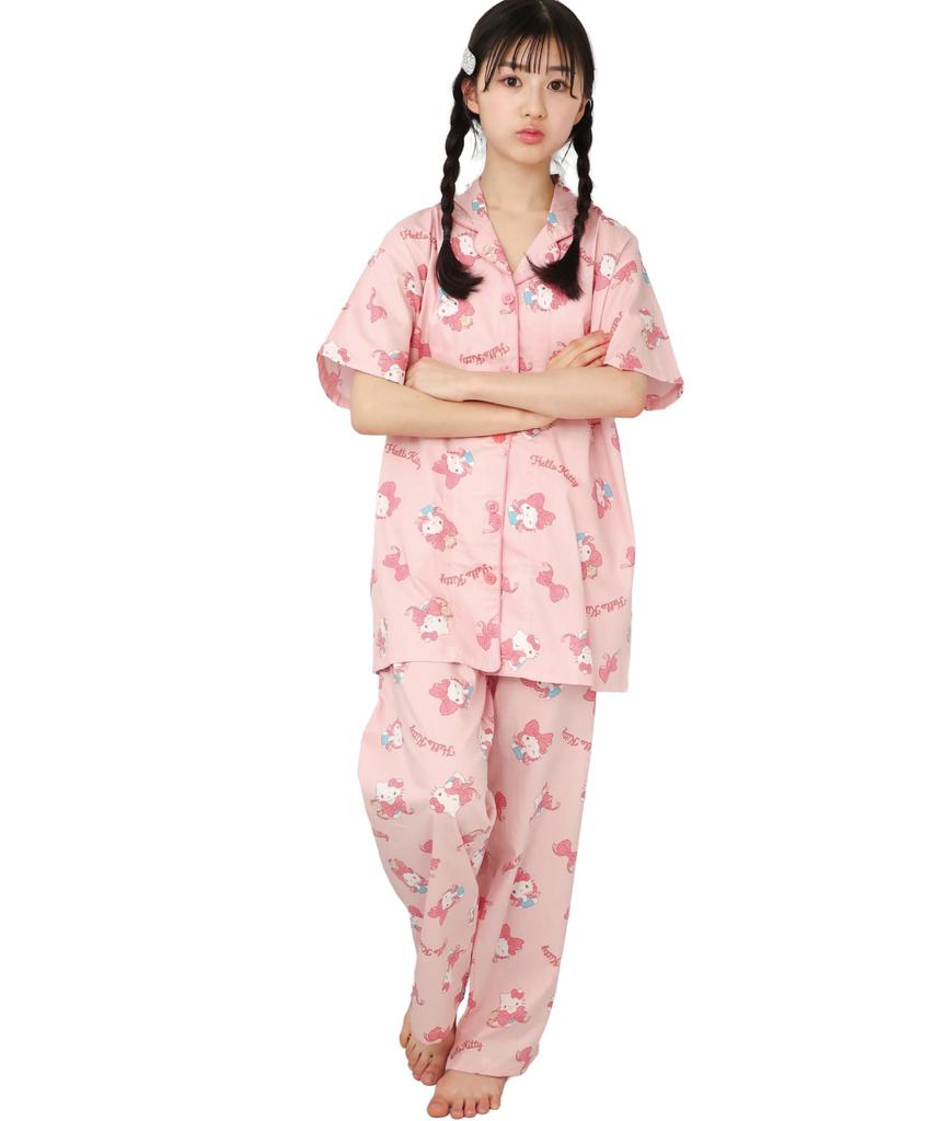 SAZAC Hello Kitty Shirt Cotton Short Sleeve and Long Pants Ribbon Hello Kitty Pajamas, 100% Broadcloth, Women's Set, Loungewear, (Red/L/SAN1799)
