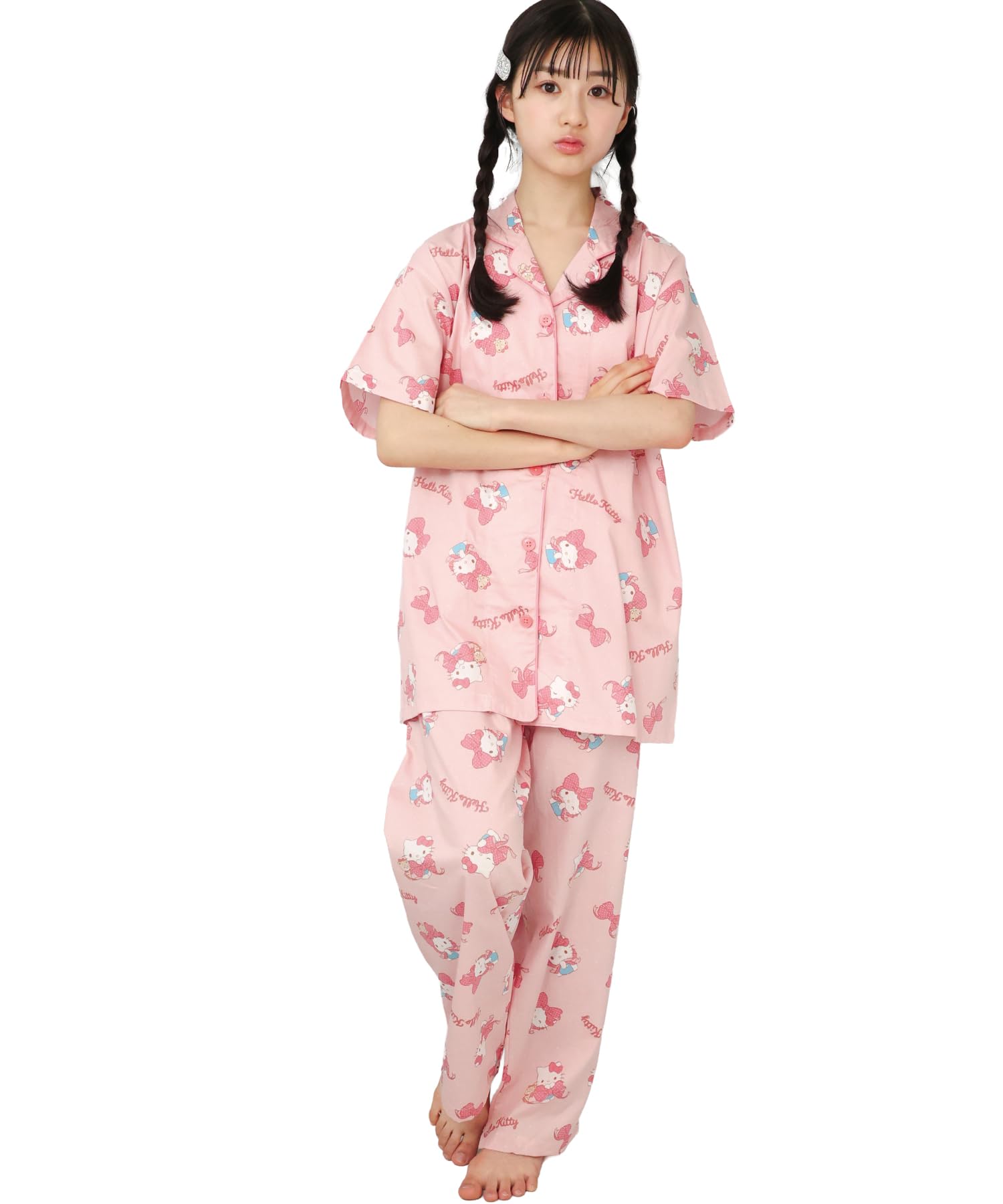 

SAZAC Футболка Hello Kitty Хлопок Короткий рукав и Длинные брюки Лента Пижама Hello Kitty, 100% Бязь, Женский комплект, Домашняя одежда, (Красный/L/SAN1799)