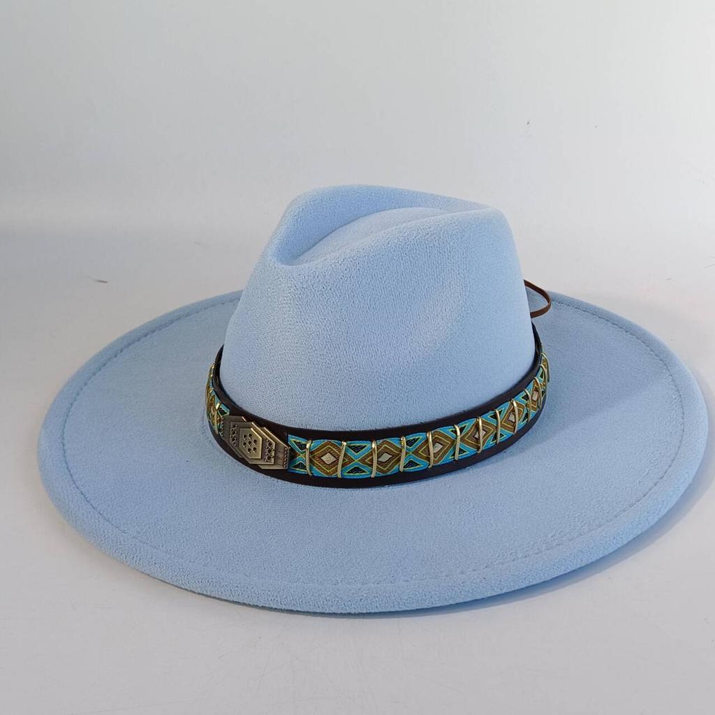 Felt Hat with Vintage Leather Belt, Fashionable European and American Jazz, Classic Church Style, Wide Brim, 9.5cm