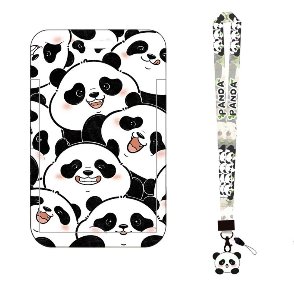 New Panda Printing Plastic Card Holder with Long Lanyard Slide Card Case ID Card Protective Cover