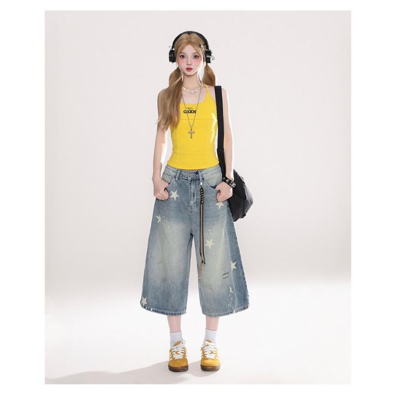 Women American Retro Distressed Star Print Loose Denim Cropped Pants