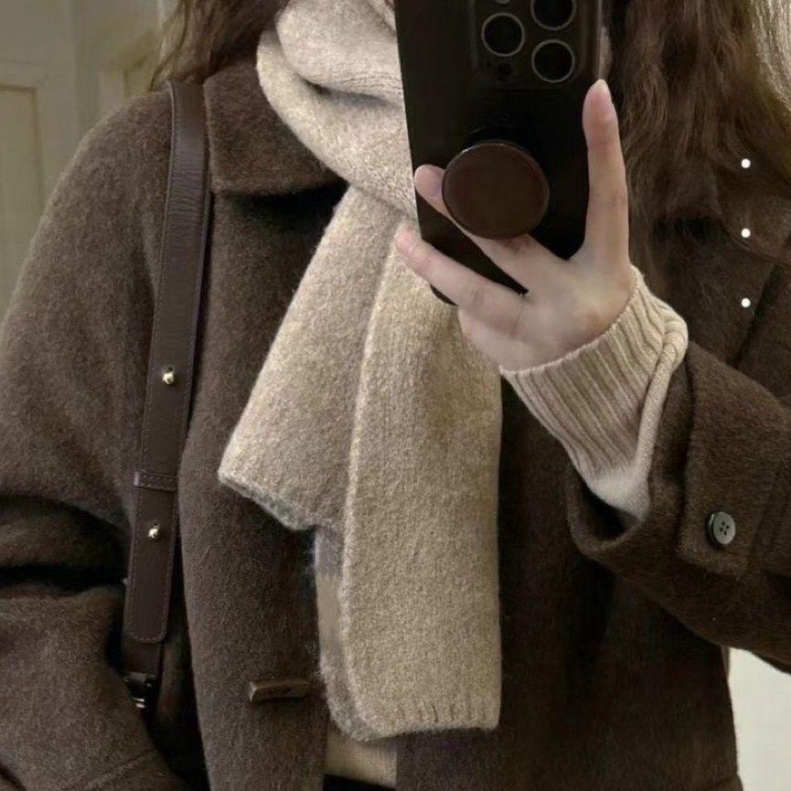 Korean Solid Knit Scarf Women Winter Aesthetic Minimalist Soft Warm Lazy Style Neck Warmer