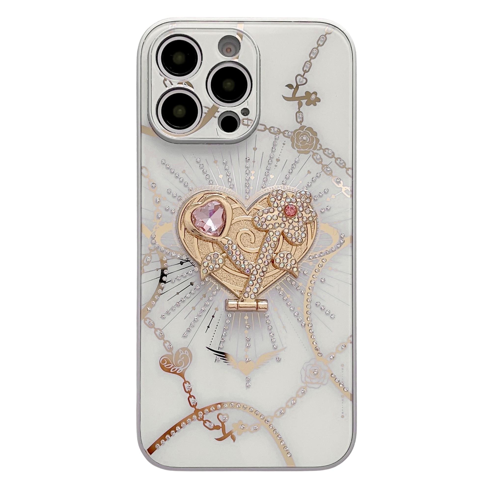 For iPhone 16 Pro Case Kickstand TPU+PC Rhinestones Decor Phone Cover B