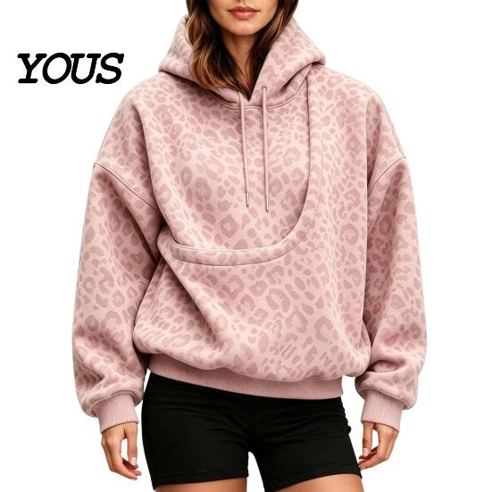 Women Oversized Hoodie Leopard Print Pet Carrier for Women, Hooded Sweatshirt Dog Hands Free & Cat Carrying, Long Sleeve Pullover Top with