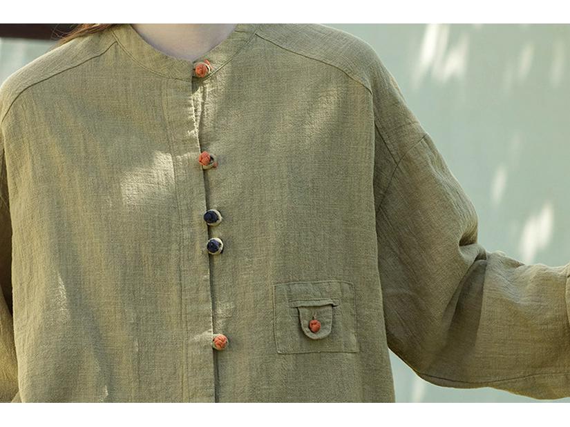 Women's Retro Cotton Linen Color Block Frog Button Cardigan Shirt