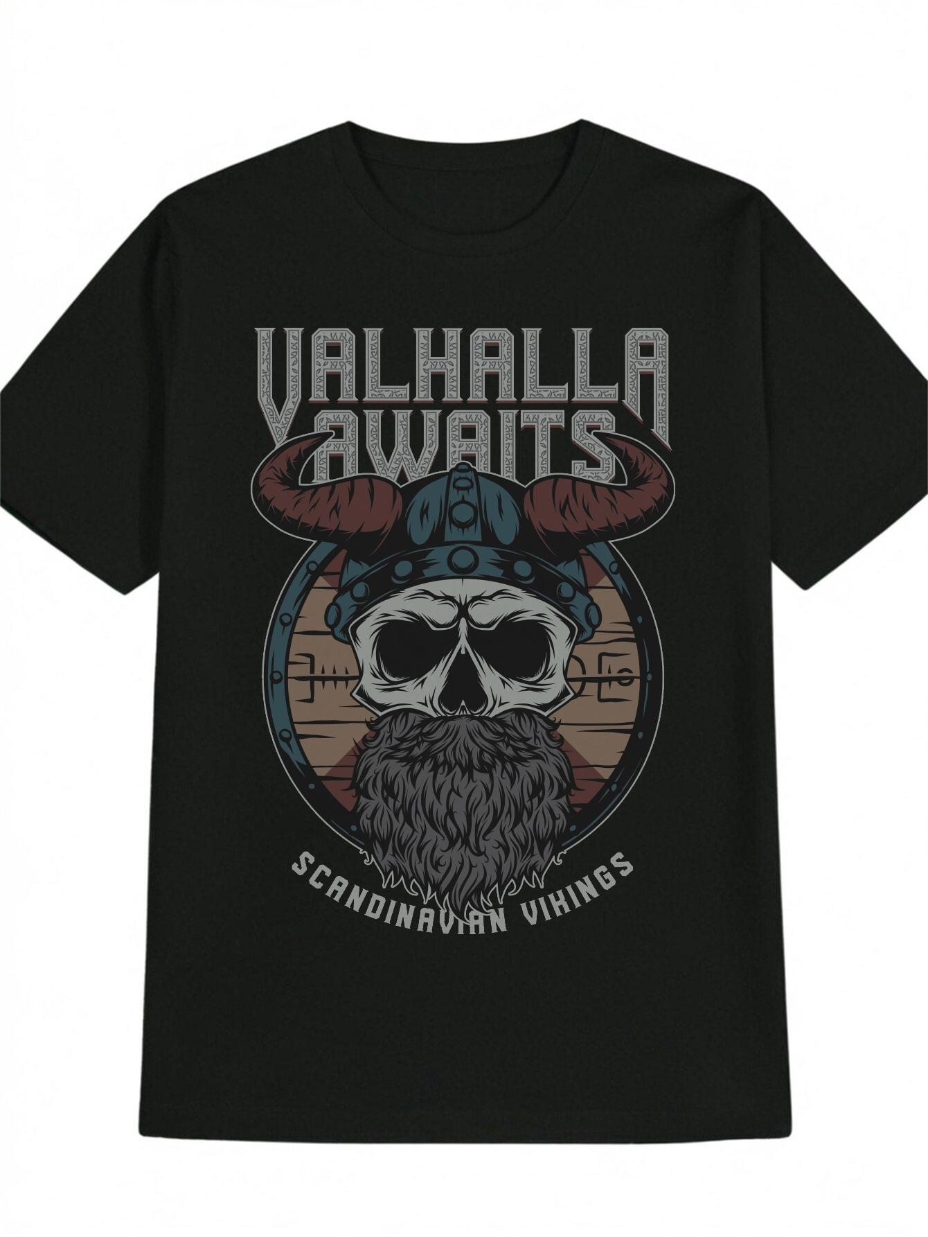 Casual Viking Skull Helmet Graphic T-shirt - Valhalla Awaits Design with Runic Symbols XL