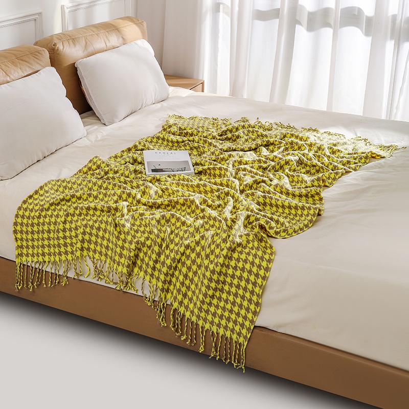 Houndstooth Tassel Woolen Blanket Summer Thin Air Conditioning Blankets For Office Living Room Sofa Cozy Nap Cushion Shawl