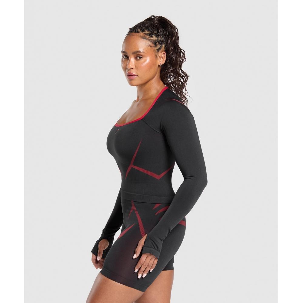 Gymshark Apex Lift Seamless Long Sleeve Crop Top Black Carmine Red B3c7t Bb4j