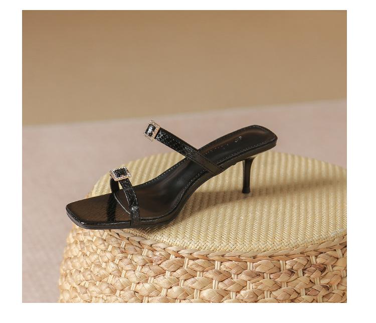 Fashion sexy ladies narrow band high heels summer slides shoes woman crystal buckle silver leather sandalias mujer metal heel flip flops