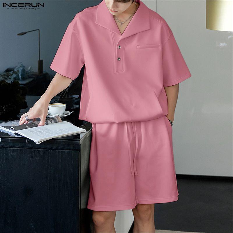 INCERUN Two Piece Suit Men Lapel Neck Short Sleeve T-Shirts Shorts Casual Sports Outfits Sets