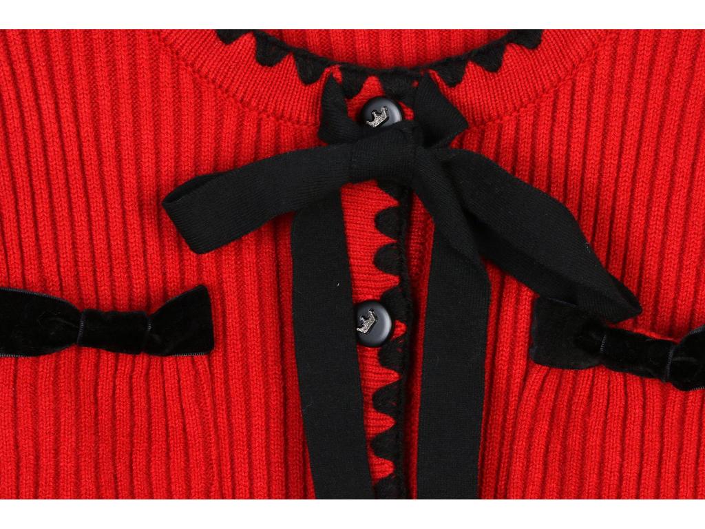 French S House: Red Bow Dress, Slim Fit, Round Neck, Short, Fashionable for Early Spring 2025 Annual Meeting