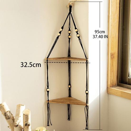 Wall Hanging Corner Shelf Bohemia Handmade Cotton Rope 2 Tier Round Beads Rustic Home Decor Triangle Storage Shelf Wood Plate Craft Display Rack
