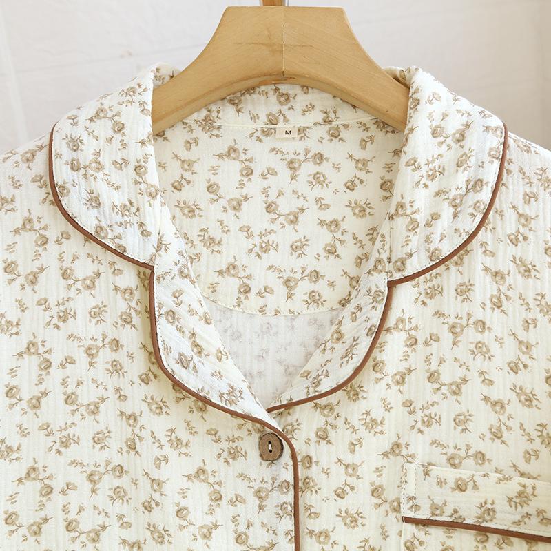 New women's crepe cotton double-layer cotton yarn spring floral lapel loungewear pajamas long sleeves trousers spring and autumn