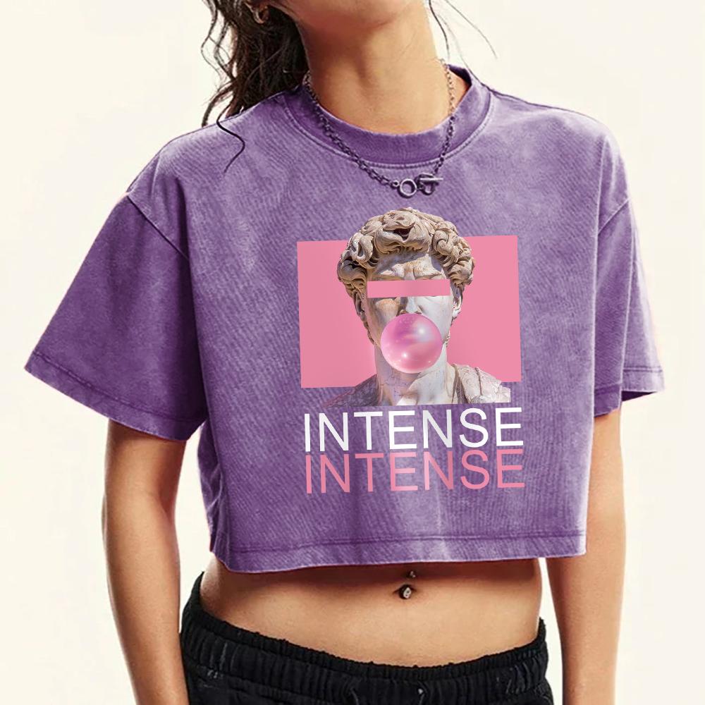 Sculpture Blowing Bubbles Prints Female Washed Crop T Shirts Summer Cotton Short Sleeve Fitness Clothes Street T-Shirt