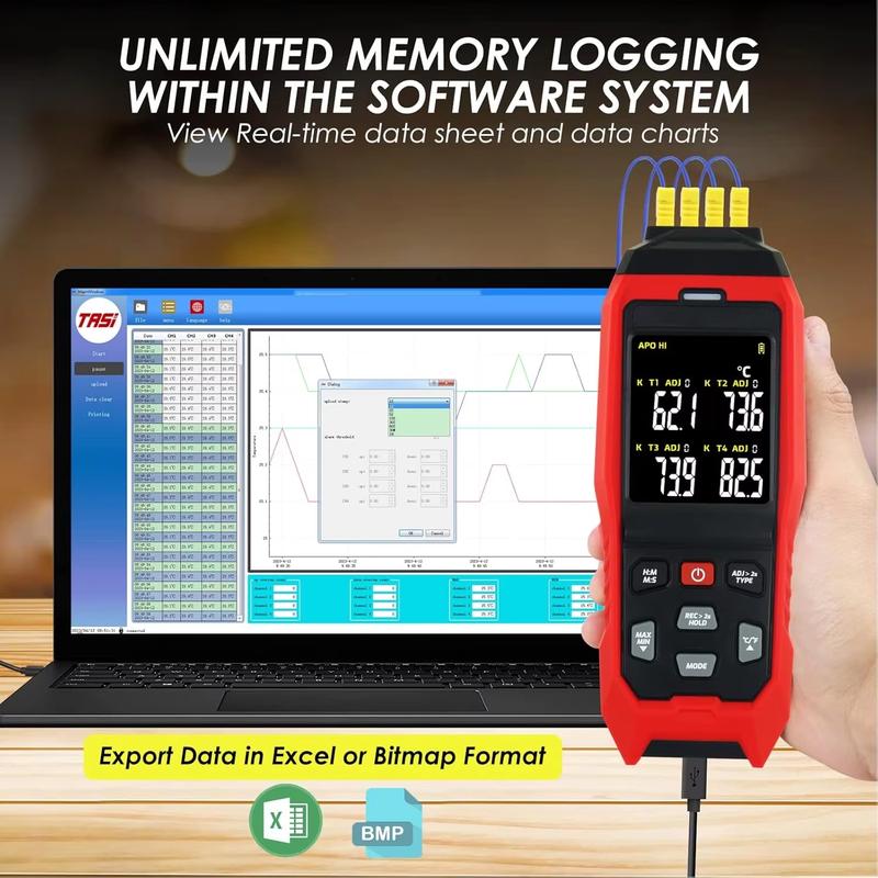 4-Channel K-Type Thermocouple Thermometer, -328 to 2502°F HVAC Thermometer with Color Dual Display, USB Data Export
